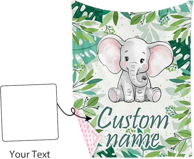 Personalized Baby Blankets for Girls, Custom Name Green Elephant Baby Blanket, Soft Receiving Blanket for Newborns and Toddlers, Ideal for Baby Showers and Nursery Decor