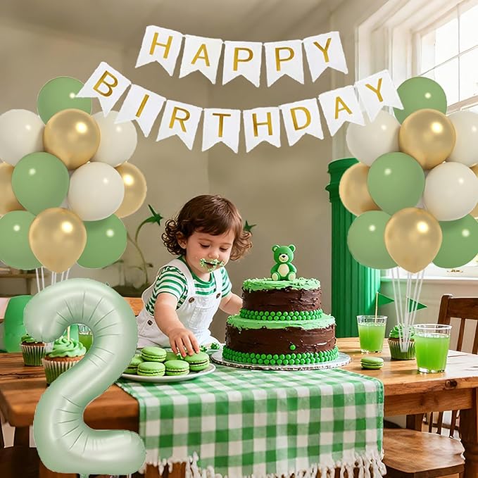 Sage 2nd Birthday Decorations For Boy -12 Inch Sage Balloons, 40 Inch Sage 2 Balloon, Happy Birthday Banner for Two Year Old BD Party Decorations