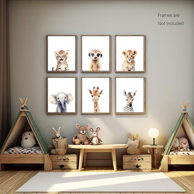 Wodkwq Nursery Wall Art Safari Animal Canvas Prints Baby Girl Boy Room Decor Poster Pictures Cute Jungle Theme Toddler Room Decoration Painting Set of 6 for Kids Bedroom Bathroom 12x16in Unframed