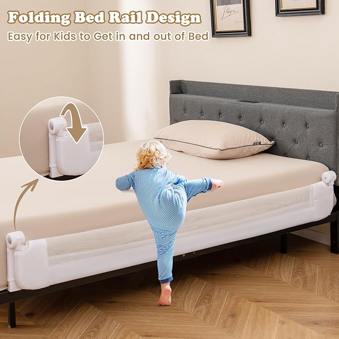 BABY JOY Double Sided Bed Rail Guard, 2 Pack, Extra Long, Swing Down for Convertible Crib, Folding Baby Safety Bedrail for Kids Twin Full Size Queen King Mattress, Rails for Toddlers (White, 71")