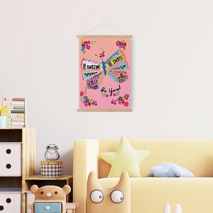 Qswo Inspirational Quotes Wall Decor for Women,Be Amazing Be You Pink Wall Art Poster Hanger Frame,Motivational Hanging Canvas Wall Decor for Girls Room Dorm Nursery