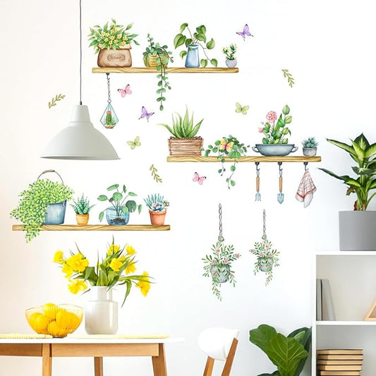 Green Wall Decals: Tropical Vine Plant Potted Stickers with Butterfly & Flower Designs - Ideal for Living Room, Bedroom & Office