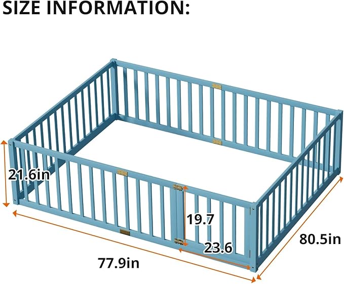 LLS Queen Size Floor Bed with 21.6" High Fence for Kids Boys Girls, Solid Wood Multifunctional Montessori Bed Frame with Door, Without Slats, Sky