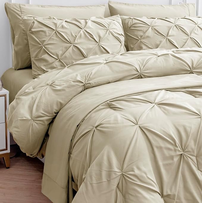 Lane Linen Queen Comforter Set with Sheets, 7 Piece Set, Pintuck Design, Soft Bedding, Bed Set - Linen