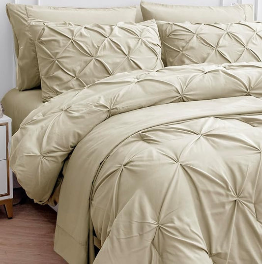 Lane Linen Queen Comforter Set with Sheets, 7 Piece Set, Pintuck Design, Soft Bedding, Bed Set - Linen