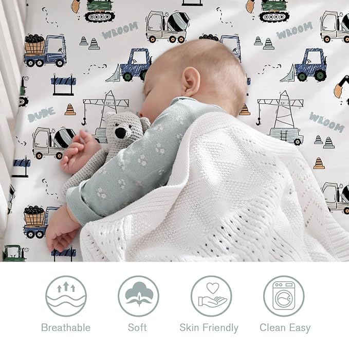 Little Grape Land Crib Sheets for Boys and Girls, 2pk Baby Crib Fitted Sheet for Standard Size Crib and Toddler Mattress, Super Soft Baby Sheet (Navy Trucks)