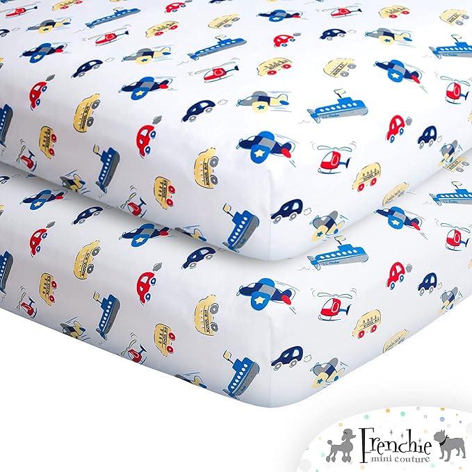 Frenchie Mini Couture, Boys Pack N Play Sheets, 100% Cotton, Cars, Boats, Planes, 27 x 39in, 2-Pack