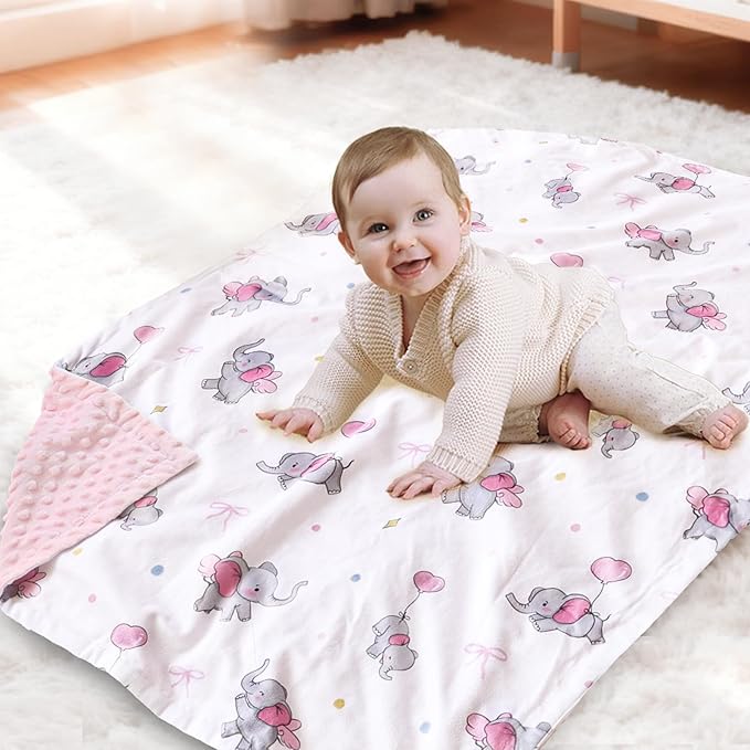 HOMRITAR Super Soft Baby Blanket for Girls, Elephant Print Minky Receiving Blanket for Newborn Nursery, Double Layer Dotted Backing Cozy Bed Throw, Pink, 30x40 Inch