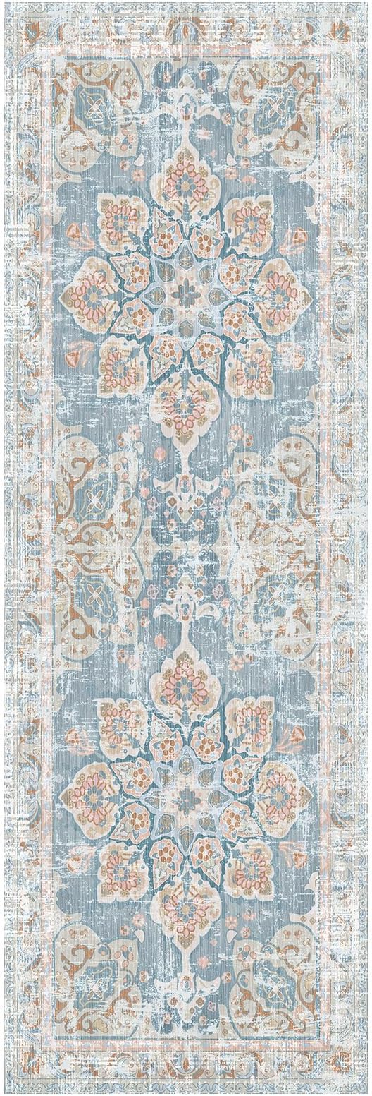 Vhong Washable Area Rugs Boho Vintage Neutral Modern Small Carpet Pale Blue 2x6 Non Slip Runners for Kitchen Laundry Bedroom Living Room