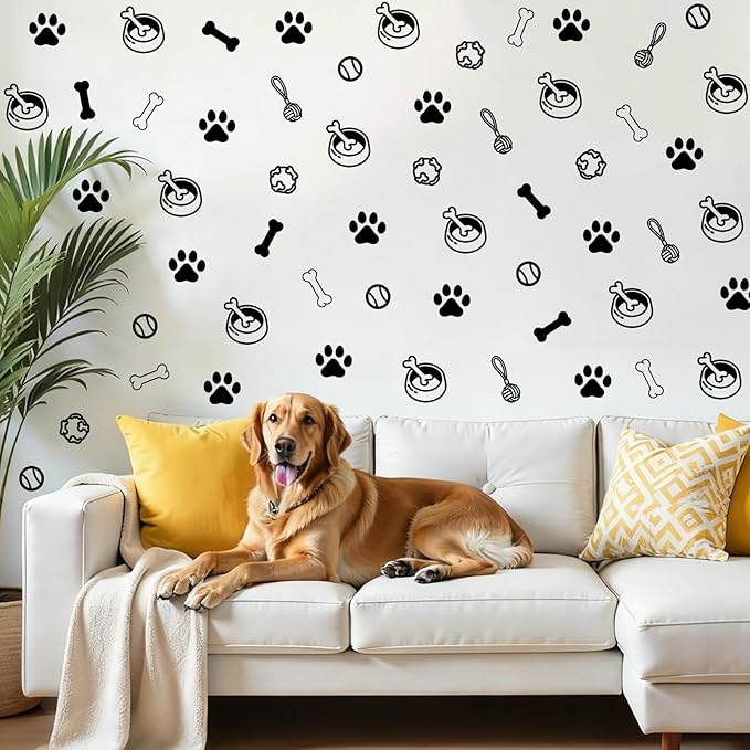 Dog Paw Wall Decal, 6 Sheets Paw Print and Dog Bone Stickers Vinyl Puppy Paws Wall Stickers for Dogs Room Decor Nursery Bedroom Room Decorations