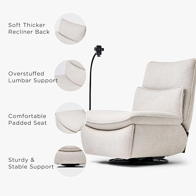 Nouhaus Swivel Nursery Recliner Glider, Oversized Electric Rocker Recliner Chair with USB & Type-C Port, Wireless Charger Phone Holder, Reclining Rocking Chair for Nursery (Snooze Modern, Elder White)