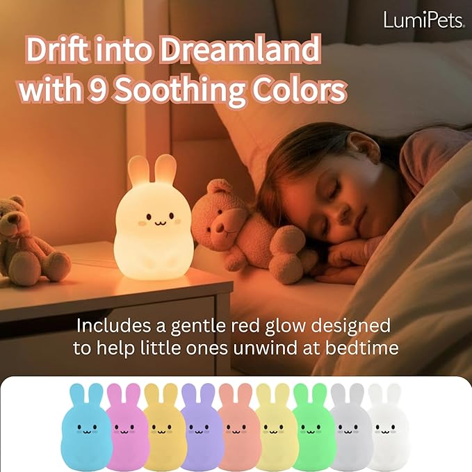 Lumipets Baxter The Bunny Squishy Night Light for Kids | Silicone Lamp with Tap & Remote Control | Rechargeable Color Changing Animal Night Light for Boys & Girls | Portable Nightlight with USB Cord