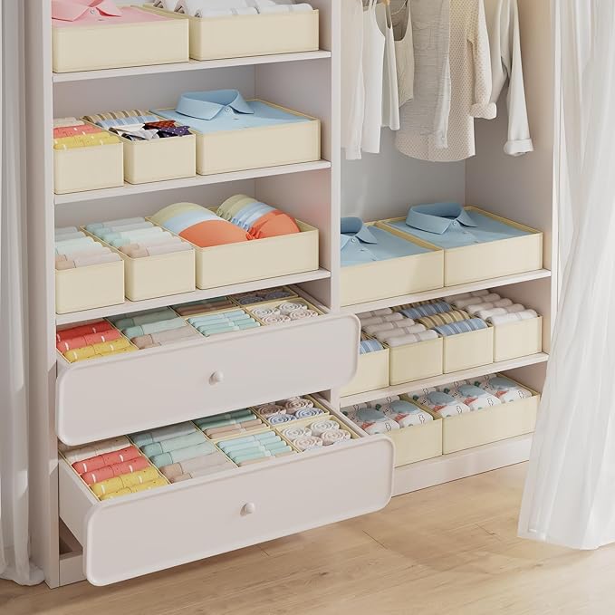 DIMJ Drawer Organizer Clothes 15 Pack - Foldable Baby Organizers and Storage & Dresser Organizer for Bedroom, Closet - Nursery Organization Dresser Dividers for underwear, Sock,Bra, Belt, Tie, Beige