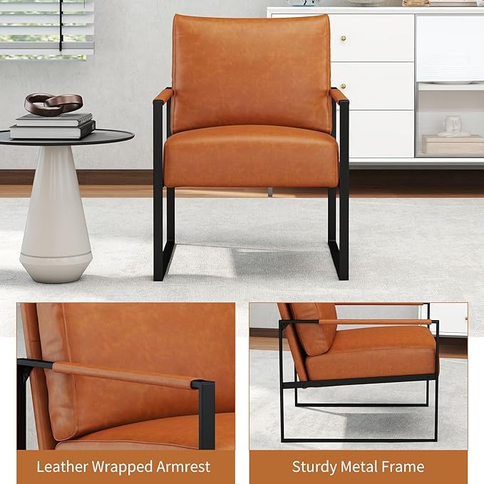 CANMOV Modern Accent Chair Set of 6, PU Leather Armchair with Metal Frame,Comfy Single Reading Chair with Soft Padded Backrest and Cushion for Living Room, Bedroom,Reading Room,Office,Brown