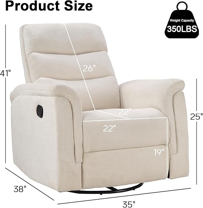 INZOY Swivel Rocker Recliner, Nursery Glider Chair, Manual Chairs Swivel Glider Recliners with Soft Backrest, Fabric Manual Reclining Sofa for Living Room Bedroom Apartment, Beige