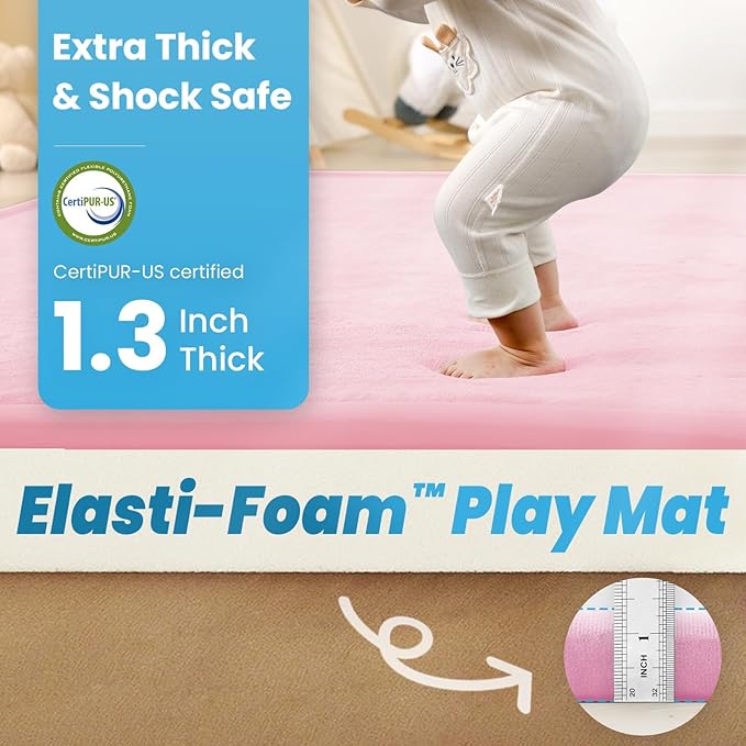 1.3" Thick Foam Baby Play Mat Extra Large 79x158, Basic Padded Plush Tummy Time Crawling Mat, Non-Slip Support Area Rug for Playroom Nursey Living Room (Pink)