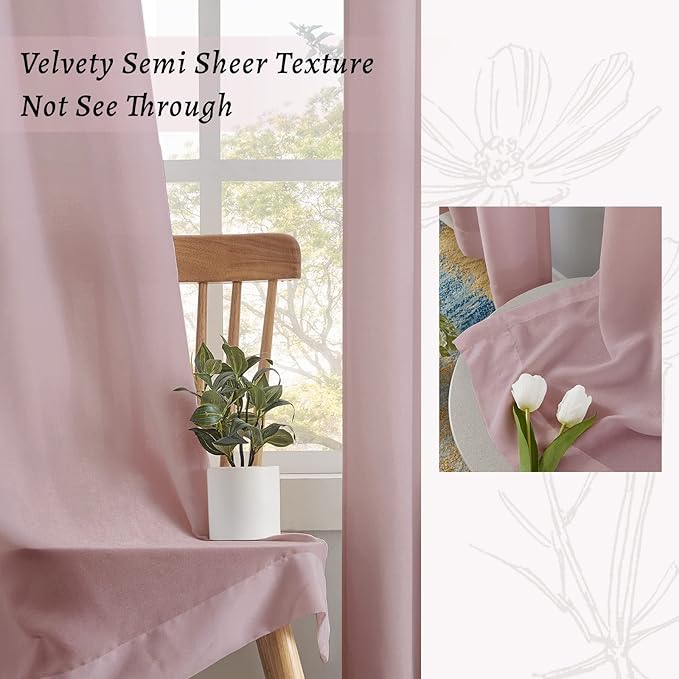 Melodieux Dusty Pink Velvety Semi Sheer Curtains 63 Inches Long for Bedroom, Living Room Natural Cotton Texture Rod Pocket Window Sheer Drapes, 52 by 63 Inch (2 Panels)