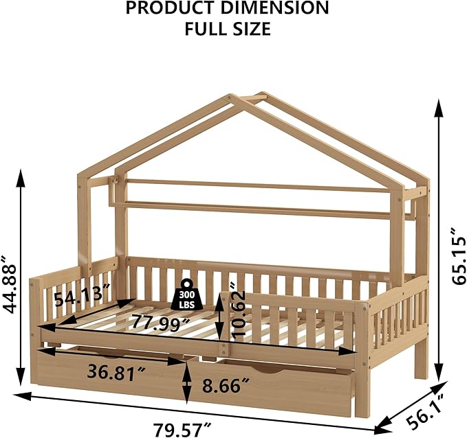 Aoowow Full Size House Bed with Storage Drawers and Shelf, Kids Twin Bed Frame Wooden Platform Bed with Guardrails and Slats for Boys Girls Teens for Bedroom(Natural)