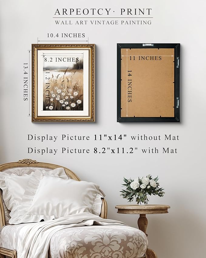 ARPEOTCY Vintage Gold Framed Wall Art, Wildflower Field Paintings, Floral Canvas Prints Artwork with Antique Frame, Victorian Wall Picture Decor for Room Gallery Living Room, 13x16 inch