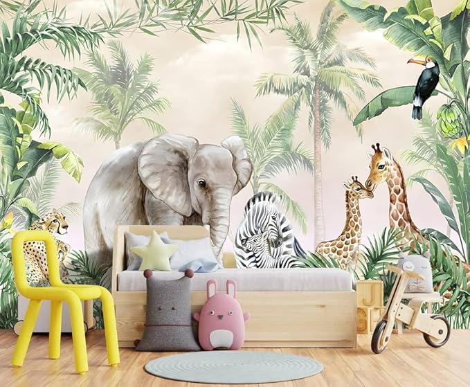 Tropical Animal Plants wallpeper Nursery Kids Bedroom Elephant Wall Mural - 91"x65"（Not Peel and Stick）