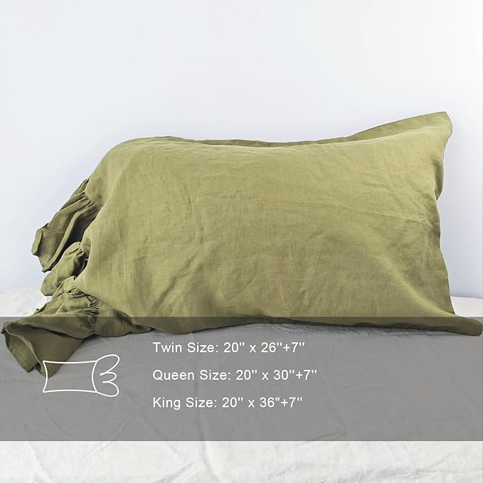 Olive Green Ruffles Linen Pillowcase, 100% French Linen Pillow Cover, Queen Size 1 Piece Farmhouse Shabby Chic Pillow Case, 20''x30'' Pillowcase with Decorative Ruffle Envelope Closure