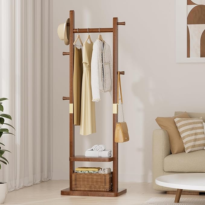 Coat Rack Freestanding Clothing Rack with Wheels & 2 Shelves Storage & 5 Hooks Heavy Duty Clothes Rack Wood Coat Tree Stand Hat Hanger Rack (Style 2 – Walnut Brown, Stationary Base (No Wheels), L)