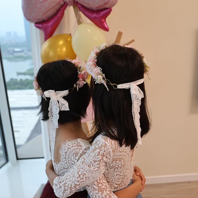 Flower Crown for Girls Birthday Party Children Floral Headpiece Kids Headband Wedding Holo Hair Accessories Photo Prop Soft Pink Headband