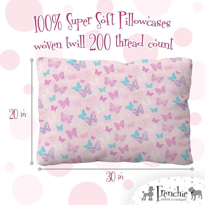 Frenchie Mini Couture, 3-Piece Kids Twin Sheets Bedding Set, 100% Woven Cotton, Includes Deep Pocket Bed Sheet (39 x 75 x 15in) + Flat Sheet (66 x 96in) + Pillowcase (20 x 30in) Butterfly