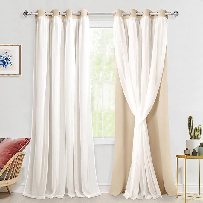 Hiasan Mix & Match Blackout Curtains with Sheer Overlay, Double Layer Thermal Insulated Privacy Grommet Window Curtains for Bedroom, Living Room, 2 Drape Panels with Tiebacks, Beige, 52W X 108L