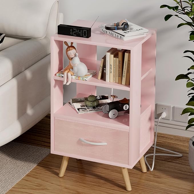 Night Stand with Charging Station, Pink Kids Nightstand with Drawer, 3-Tier Nursery Bedside Table with USB Ports and Outlets, End Table for Small Space, Living Room, Bedroom