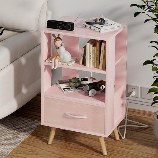 Night Stand with Charging Station, Pink Kids Nightstand with Drawer, 3-Tier Nursery Bedside Table with USB Ports and Outlets, End Table for Small Space, Living Room, Bedroom