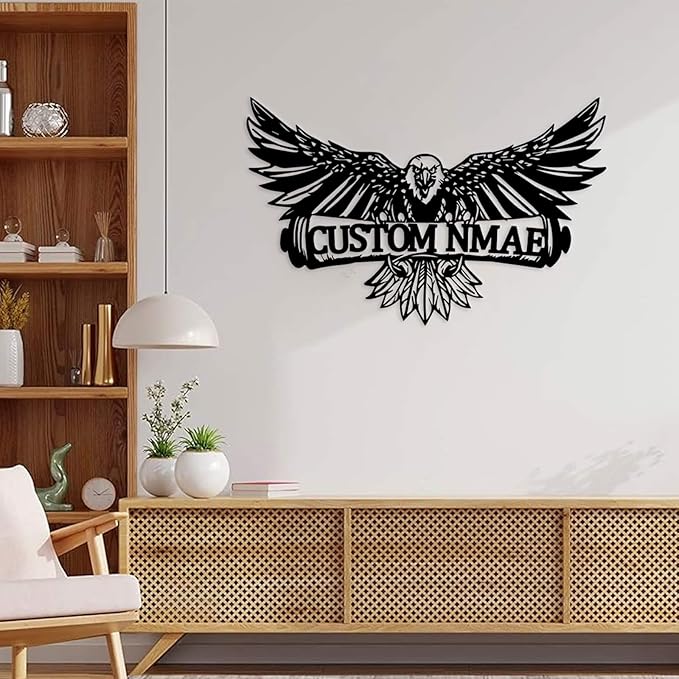 Personalized Eagle Metal Wall Art, Custom Name Sign, 8-24 Inch Black Iron Wall Decor for Indoor Outdoor, Nature-Themed Home Decoration