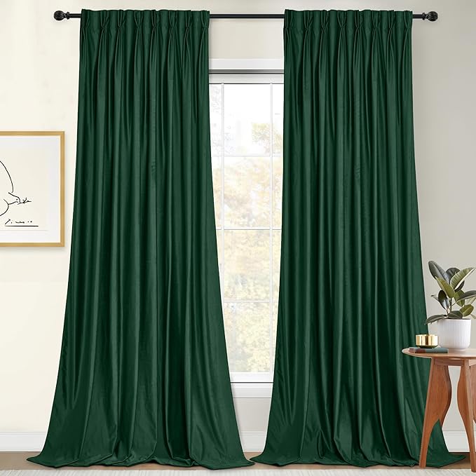 StangH Pinch Pleat Green Velvet Curtains for Bedroom, Super Soft Room Darkening Privacy Window Treatments Luxury Christmas Home Decor for Hotel Hall Theater, Dark Green, W52 x L84, 2 Panels