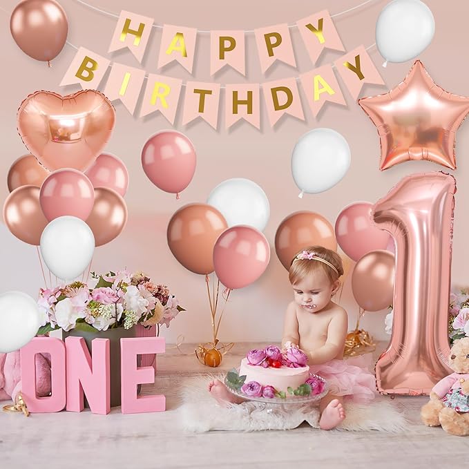 Boho 1st Birthday Decorations for Girls, Dusty Pink Rose Gold White Balloons with 40 Inch Number 1 Star Heart Foil Balloons Happy Birthday Banner for 1 Year Old Birthday Anniversary Baby Shower Decor