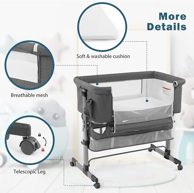 Bedside Crib,3 in 1 Baby Crib Adjustable Portable Bed for Infant,Baby Bassinet with Mosquito net Newborn Bed,Grey