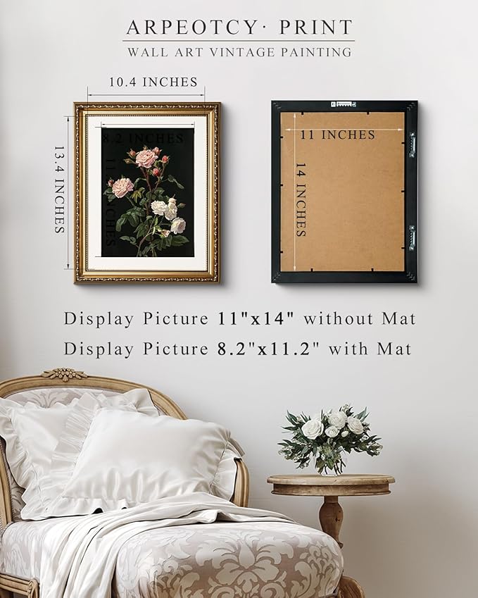 ARPEOTCY Vintage Gold Framed Wall Art, 13x16 inch Classic Floral Pink White Roses Paintings, Victorian Wall Decor for Living Room Bedroom, Canvas Prints Antique Pictures Frame for Room Decor