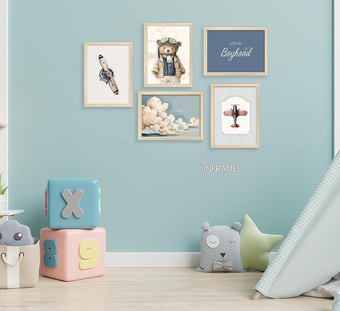 Vintage Baby Boy Nursery Wall Art Retro Airplane Travel Kids Room Canvas Wall Decor Teddy Bear Pictures Navy Blue Aviation Posters Cloudy Sky Painting Print Artwork for Boy Room Playroom, Unframed