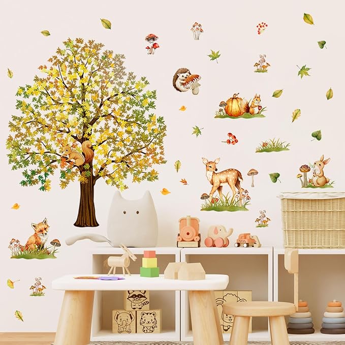Woodland Forest Wall Decals Large Oak Tree with Animals Removable Peel and Stick Wall Art for Nursery Kids Room Fall Decor Living Room Classroom