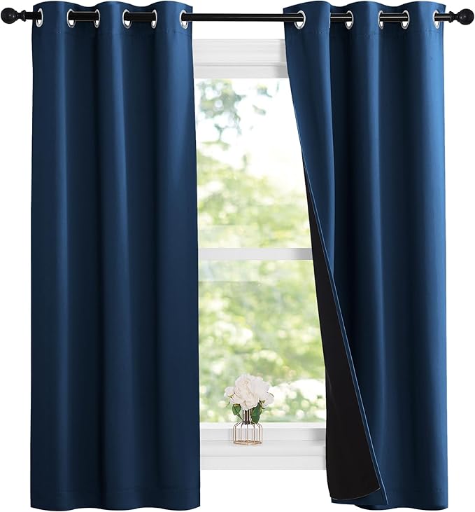 NICETOWN 100% Blackout Short Curtains with Black Liners, 2 Panels, 37" W by 60" L, Moroccan Blue, Thermal Insulated Full Blackout 2-Layer Lined Drapes, Energy Efficiency Window Draperies for Bedroom