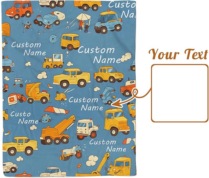 Custom Baby Blanket - Cartoon Cars Design Personalized Name Blanket, Soft Flannel Dot Infant Toddler Blanket for Boys, Customizable Nursery Bedding (60" x80)