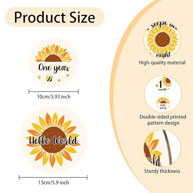 Baby Monthly Milestone Cards Sign - 13Pcs Double Sided Sunflower Milestone Markers, Flower Pattern Wooden Circles Discs Newborn Announcement Marker, Baby Shower Newborn Sign Photo Cards Gift Set