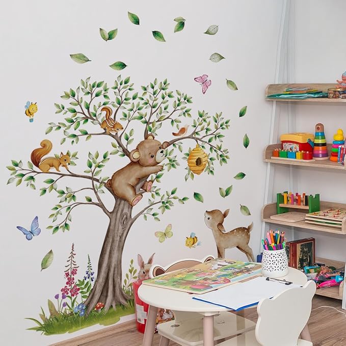 Woodland Forest Tree Wall Decals, Nursery Tree with Bear Deer Animals Wall Stickers for Nursery Kids Bedroom Wall Decor, 57.48x53.54 inches