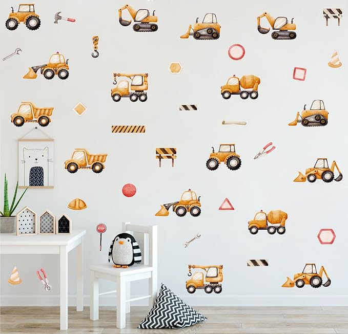 Construction Vehicle Wall Stickers, Watercolor Excavator Bulldozer Crane Truck Vinyl Wall Decals, Removable Engineering Car Artwork Wall Art for Boys Bedroom Playroom Decor