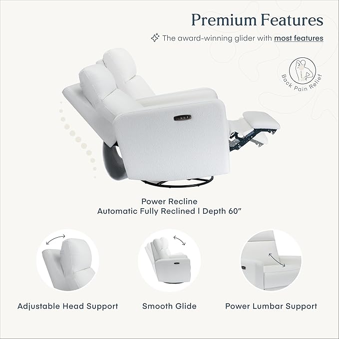 Nurture& The Glider Plus - Premium Nursery Power Recliner | Swivel Chair with Adjustable Head Support and Adjustable Lumbar Support | Built-in USB - The Ultimate Comfort for Nursing, Relaxing (Boucle)