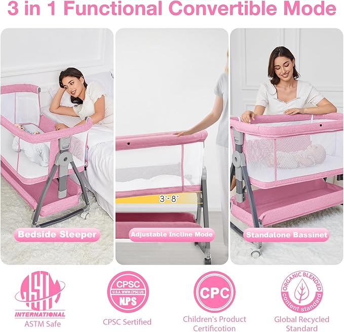 Pink Bassinet for Baby Girl, Baby Bassinets Bedside Sleeper with Mattress and Wheels for Newborn and Infant, Height Adjustable with Breathable Mesh and Mosquito Net
