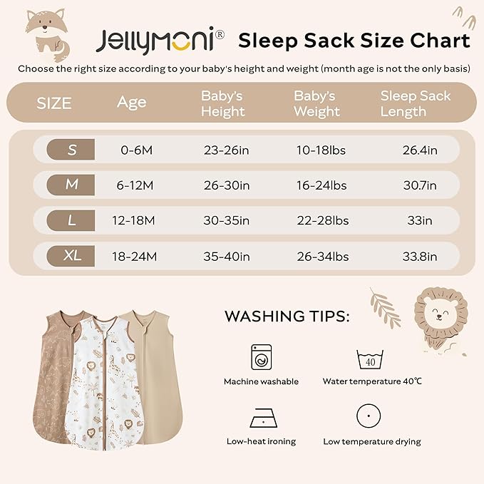 JELLYMONI Baby Sleep Sack 6-12 Months 0.5 Tog Wearable Blanket for Baby, 100% Cotton 3 Pack Infant Toddler Sleeping Sack Lightweight Soft 2-Way Zipper Sleepsack