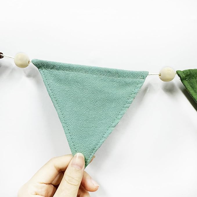 2 Sets of Green Brown Beige Wood Beads Pennant Banner 20pcs Flags Nursery Garland Fabric Linen Triangle Streamers for Kids Jungle Woodland Camping Birthday Party Decorations Baby Shower Bedroom Decor