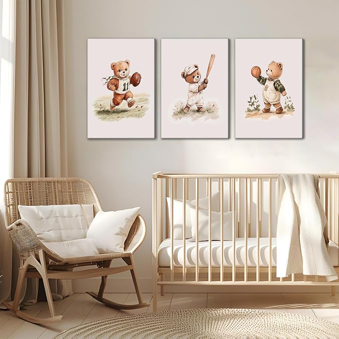 3Pcs Nursery Bear Canvas Wall Art Nursery Animal Poster Prints Teddy Bear Painting Boy Sports Picture Football Basketball Kids Room Artwork Wall Decor for Children Bedroom Playroom 16x24in Framed