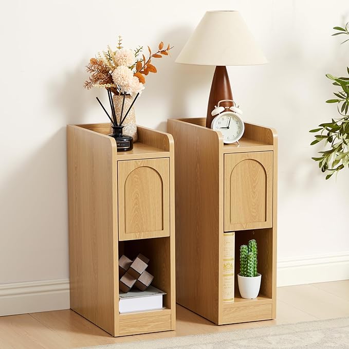 Narrow Nightstands Set of 2, Slim Bedside Tables with Raised Edge Top, Arched Drawer & Open Shelf, Modern Wooden Small End Tables for Bedroom Small Spaces (2, Natural)