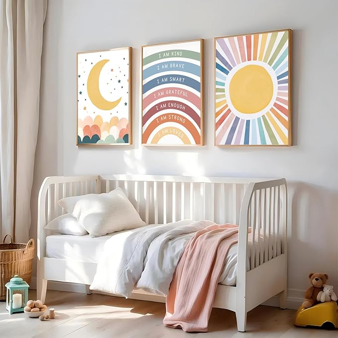 KBIERQN 3Pcs Boho Sun moon Wall Art Nursery Positive Affirmations Rainbow Poster Prints Bohemian Star Heart Canvas Picture for Toddler Baby Girls Room Playroom Bedroom Wall Decor 16x24in Unframed